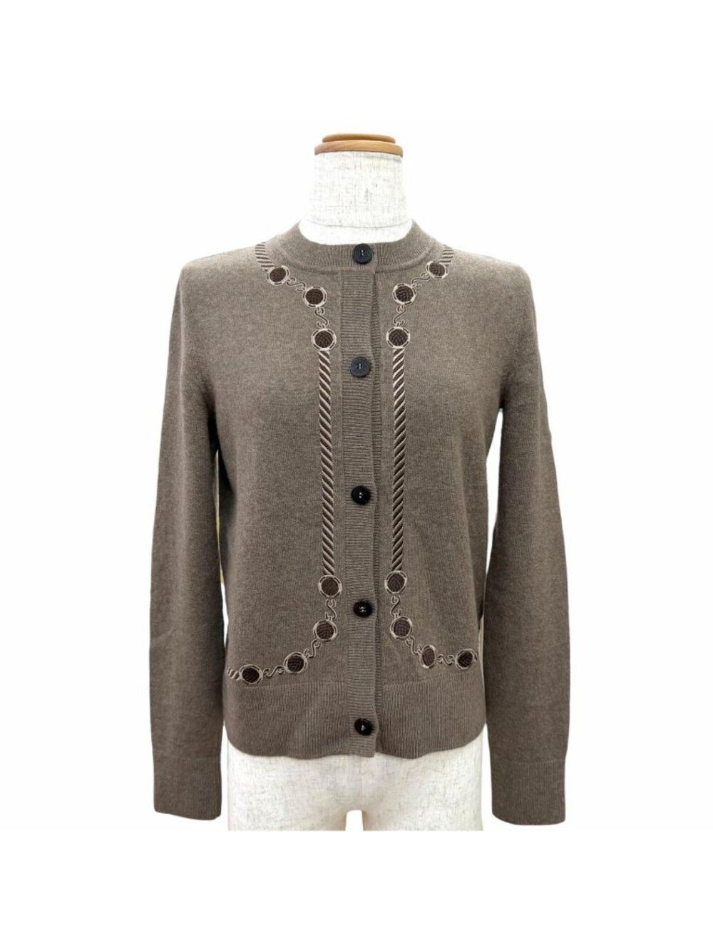Hermes Les Tambour Taiko Wool Logo Button Long Sleeve Knit Cardigan Brown 34